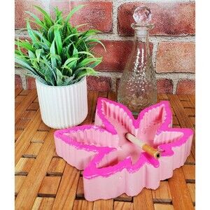 Handcrafted Cement Pink Marijuana Leaf Ashtray, Pot Leaf Ashtray, Hand Painted
